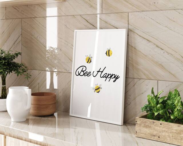 Bee Happy Printed Wall Art A3 A4 Vibrant Bumblebee Nature Quote Home Decor Gift Print - image 1