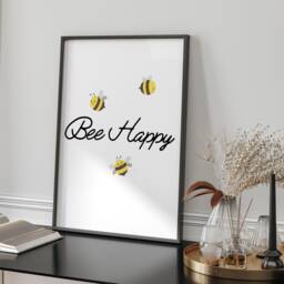 Bee Happy Printed Wall Art A3 A4 Vibrant Bumblebee Nature Quote Home Decor Gift Print - thumbnail 2