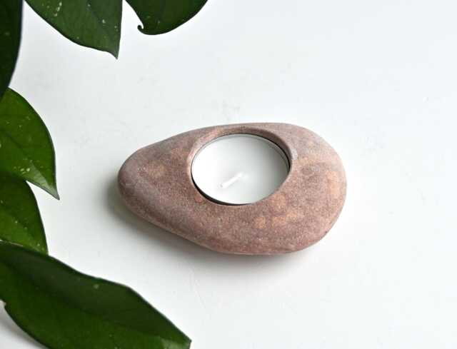 stone Tealight Holder, Ash Pink Candleholder, Pebble Coastal Rock Beach Tea Candle Holder - image 1