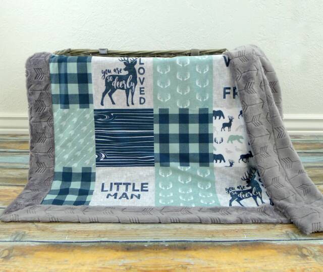 Personalized Minky Blanket - Blue Plaid Deer Buck Baby Boy Woodland Animal - image 1