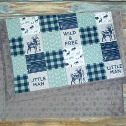 Personalized Minky Blanket - Blue Plaid Deer Buck Baby Boy Woodland Animal - thumbnail 2