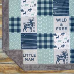 Personalized Minky Blanket - Blue Plaid Deer Buck Baby Boy Woodland Animal - thumbnail 3