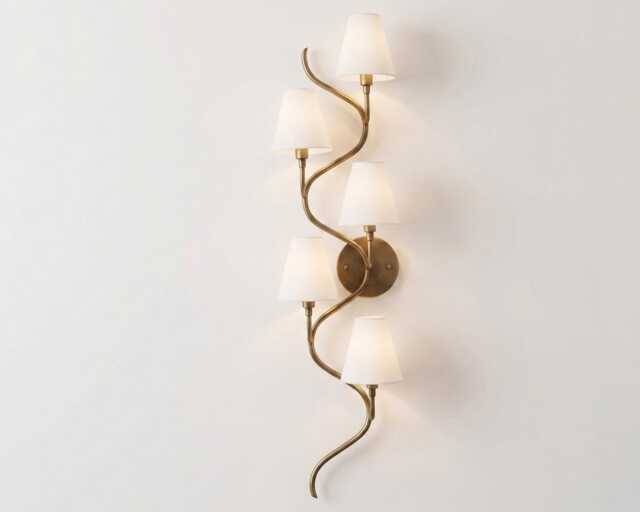 Wall Light - Antique Brass Curved Vine 5-Light Modern Sconce With White Shades - Designer Decorative Interior Fixture - image 1