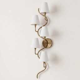 Wall Light - Antique Brass Curved Vine 5-Light Modern Sconce With White Shades - Designer Decorative Interior Fixture - thumbnail 2