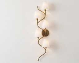 Wall Light - Antique Brass Curved Vine 5-Light Modern Sconce With White Shades - Designer Decorative Interior Fixture - thumbnail 1