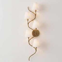 Wall Light - Antique Brass Curved Vine 5-Light Modern Sconce With White Shades - Designer Decorative Interior Fixture - thumbnail 3