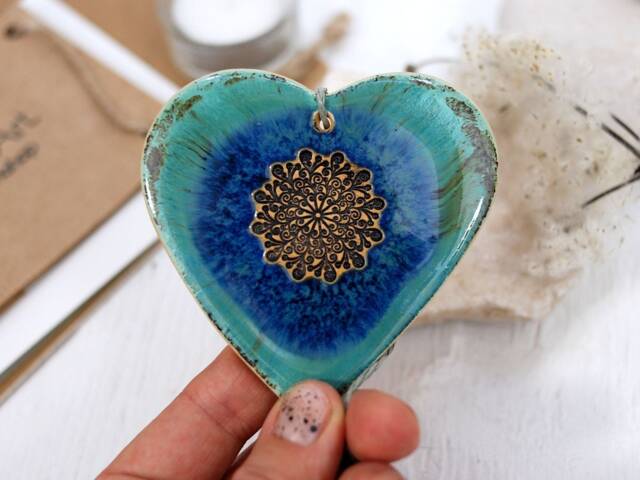 Turquoise Ceramic Heart Decor - Hand-Painted Mandala Ornament Wall Art Long Distance Gift - image 1
