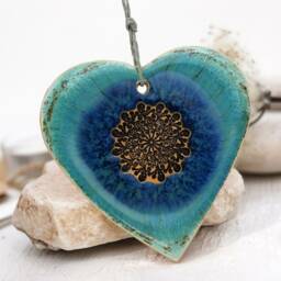 Turquoise Ceramic Heart Decor - Hand-Painted Mandala Ornament Wall Art Long Distance Gift - thumbnail 2