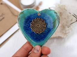 Turquoise Ceramic Heart Decor - Hand-Painted Mandala Ornament Wall Art Long Distance Gift - thumbnail 1