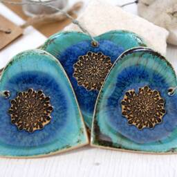 Turquoise Ceramic Heart Decor - Hand-Painted Mandala Ornament Wall Art Long Distance Gift - thumbnail 3