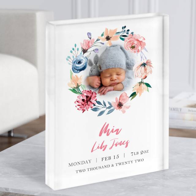 New Baby Birth Details Nursery Christening Floral Photo Frame Gift Acrylic Block - Personalised Gift, Keepsake Custom - image 1