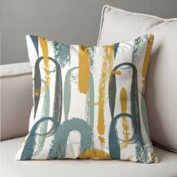 Modern Brushstroke Cushion Cover, Mustard & Teal Abstract Throw Pillow Artistic Arch Pattern Decor, Contemporary Sofa Accent - thumbnail 1