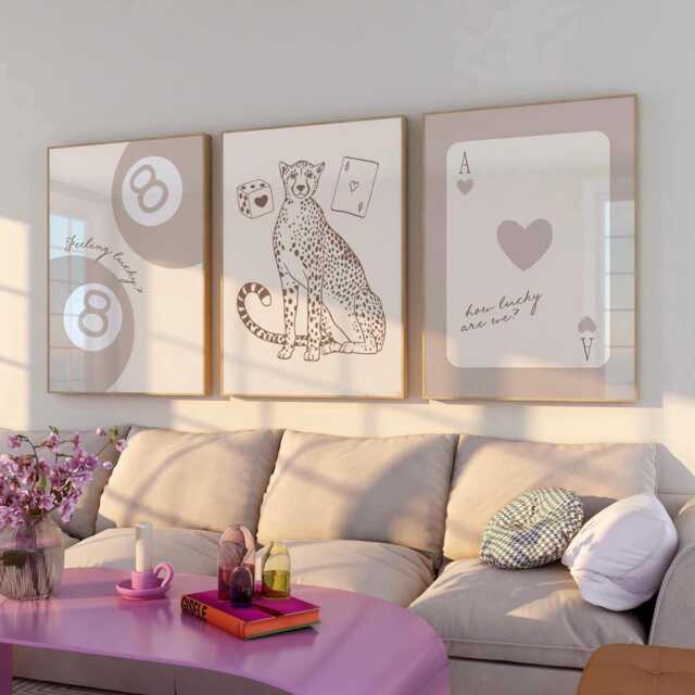 3 Set Feeling Lucky 8 Ball Beige Poster, How Are We Playing Card Print, Leopard Trendy Aesthetic Retro Wall Art - image 1