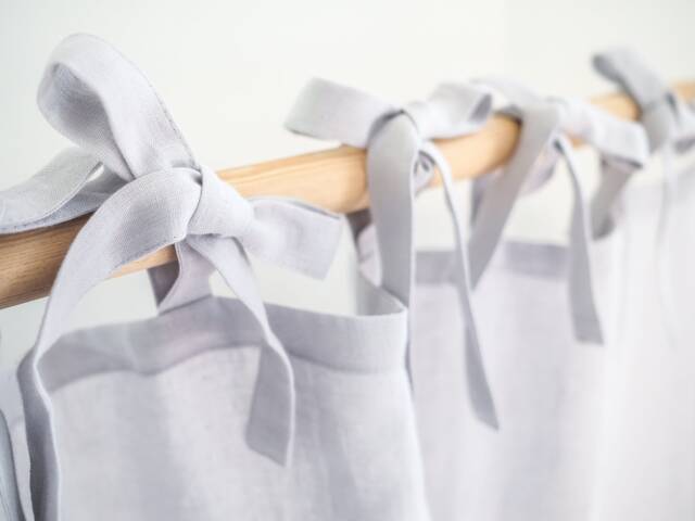 Light Gray Linen Curtain Panel With Ribbon Ties, Airy Medium Weight - image 1
