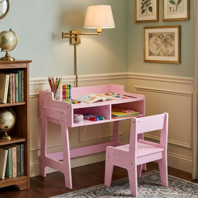 Kids Wooden Study Desk Chair Set Pink Gift Home Decor Bedroom Book Lover - image 1