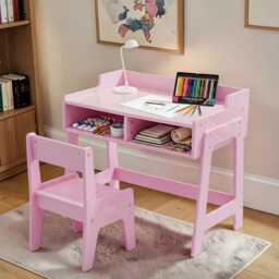 Kids Wooden Study Desk Chair Set Pink Gift Home Decor Bedroom Book Lover - thumbnail 2