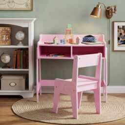 Kids Wooden Study Desk Chair Set Pink Gift Home Decor Bedroom Book Lover - thumbnail 3