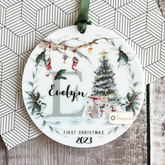 Personalised First Christmas Gift Woodland Scene Rabbit Tree Acrylic Or Ceramic Round Ornament Keepsake Decoration Child Boy Girl