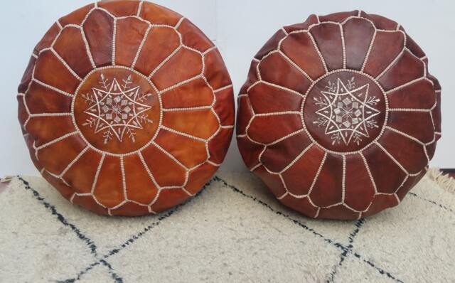 Set Of Two Tan Leather Pouf, Sttuning Moroccan Pouf, Moroccan Ottoman Pouf Foostool Poufmoroccan Leatherpouf - image 1