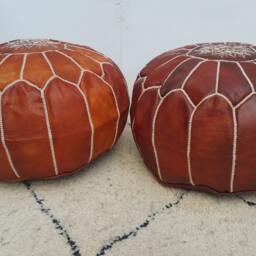 Set Of Two Tan Leather Pouf, Sttuning Moroccan Pouf, Moroccan Ottoman Pouf Foostool Poufmoroccan Leatherpouf - thumbnail 2