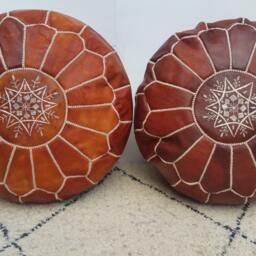 Set Of Two Tan Leather Pouf, Sttuning Moroccan Pouf, Moroccan Ottoman Pouf Foostool Poufmoroccan Leatherpouf - thumbnail 3