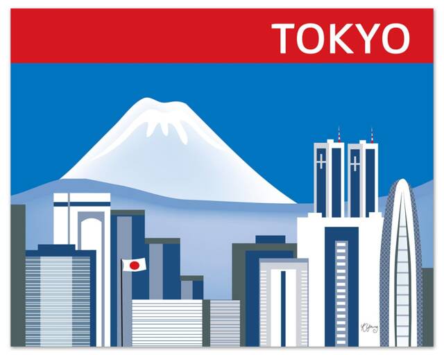Tokyo Skyline Print, & Mt. Fuji, Japan Horizontal Art, Japanese Wall Loose Petals City Print - Style E8-O-Tok - image 1