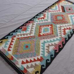 2'8x6'7 Ft Runner Rug, Flatweave Kilim Geometric Patterns Rug, Afghan Handmade Wool Short Hallway Runner, Kitchen - thumbnail 2