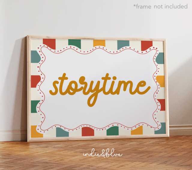 storytime Print in Bright Colours, Checkered Kids Bedroom Decor, Reading Corner Print, Pattern Retro Playroom Poster - image 1