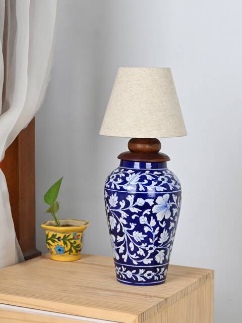 Handmade Blue Pottery Table Lamp, Floral Ethnic Decor - No Shade - image 1