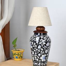Handmade Blue Pottery Table Lamp, Floral Ethnic Decor - No Shade - thumbnail 3