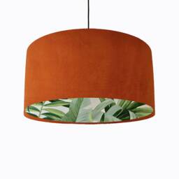 Burnt Orange Velvet Drum Lampshade With Lush Green Leaves Lining, Large Rust Tropical Lightshade - thumbnail 1