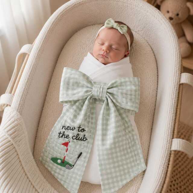 New To The Club Embroidered Newborn Bow Sash, Golf Baby Swaddle, Gingham Sash For Picture, Shower Gift - image 1