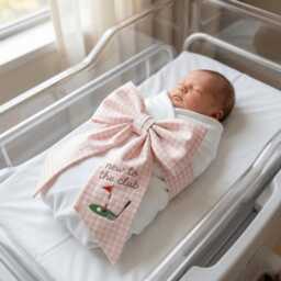 New To The Club Embroidered Newborn Bow Sash, Golf Baby Swaddle, Gingham Sash For Picture, Shower Gift - thumbnail 2