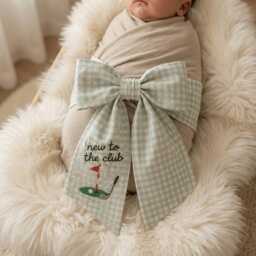 New To The Club Embroidered Newborn Bow Sash, Golf Baby Swaddle, Gingham Sash For Picture, Shower Gift - thumbnail 3