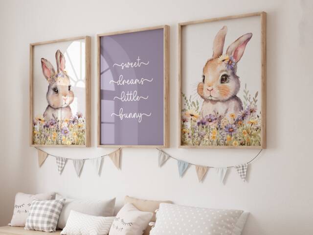 Purple Set Of 3 Boho Girls Nursery Prints, Bunny Prints, Girls Decor, Baby Nursery, Bunny Animal, Boho Nursery - image 1
