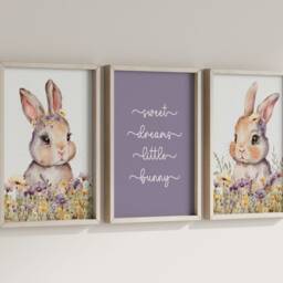 Purple Set Of 3 Boho Girls Nursery Prints, Bunny Prints, Girls Decor, Baby Nursery, Bunny Animal, Boho Nursery - thumbnail 2