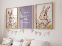 Purple Set Of 3 Boho Girls Nursery Prints, Bunny Prints, Girls Decor, Baby Nursery, Bunny Animal, Boho Nursery - thumbnail 1