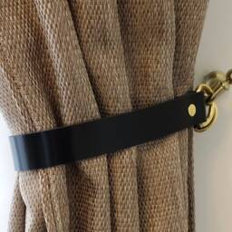 Handmade Italian Leather Curtain Tie Backs With Gold Rings & Decorative Wall Hooks Holdbacks Scandi Hardware Shower Ties - thumbnail 2