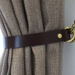 Handmade Italian Leather Curtain Tie Backs With Gold Rings & Decorative Wall Hooks Holdbacks Scandi Hardware Shower Ties - thumbnail 3