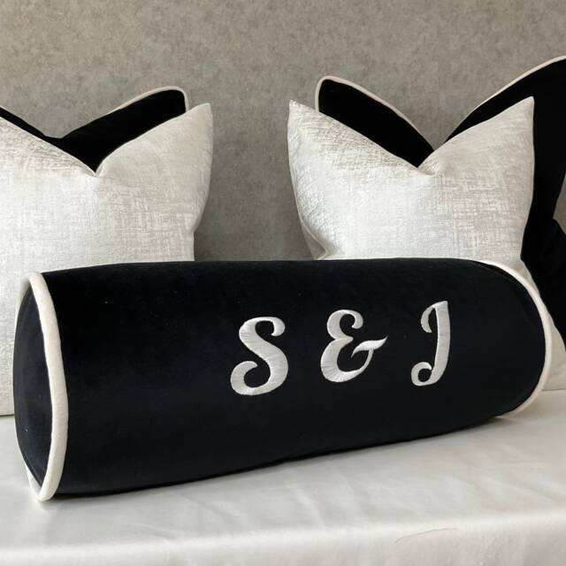 "Monochrome Black & White Velvet Personalised Cushion Bolster 16"" X 6" - image 1
