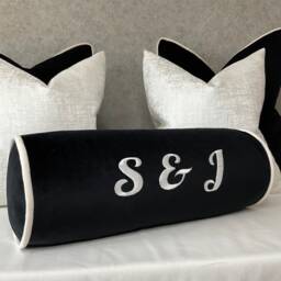 "Monochrome Black & White Velvet Personalised Cushion Bolster 16"" X 6"