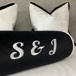 "Monochrome Black & White Velvet Personalised Cushion Bolster 16"" X 6" - thumbnail 2