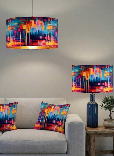 Handmade Velvet Drum Lamp Shade Multicolored Abstract Pendant Ceiling Light - image 1