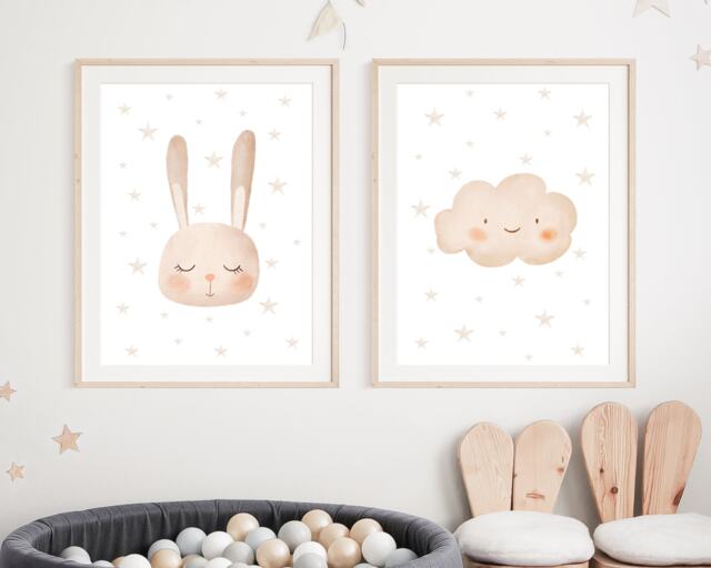 Beige Nursery Decor, Set Of 2 Prints, Neutral Nursery, Cloud Bunny Bedroom Art, Gender Baby Wall Art - image 1