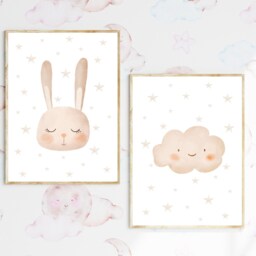 Beige Nursery Decor, Set Of 2 Prints, Neutral Nursery, Cloud Bunny Bedroom Art, Gender Baby Wall Art - thumbnail 2