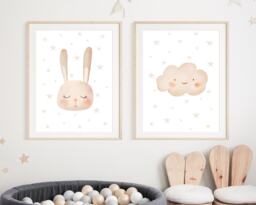 Beige Nursery Decor, Set Of 2 Prints, Neutral Nursery, Cloud Bunny Bedroom Art, Gender Baby Wall Art - thumbnail 1