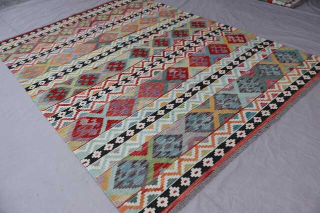 7x10 Gabbeh Design Kilim Rug, Geometric Boho Afghan Handmade Wool Flatweave Natural Veg Dyes Oriental Area Bedroom Rug - image 1
