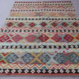 7x10 Gabbeh Design Kilim Rug, Geometric Boho Afghan Handmade Wool Flatweave Natural Veg Dyes Oriental Area Bedroom Rug - thumbnail 2
