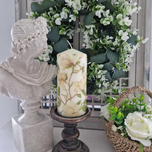 Beautiful Vintage Magnolia Floral Wax Or Flameless Pillar Candles - image 1