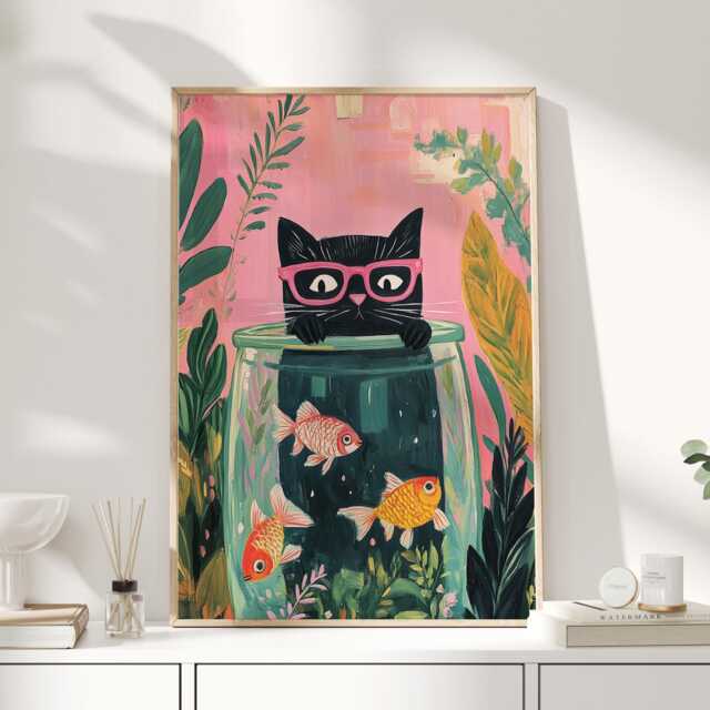 Black Cat With Pink Glasses Matisse Style Wall Art - Whimsical & Goldfish Print Fun Colourful Poster For Lovers Quirky Decor - image 1